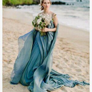 Rustic Chiffon A Line V Neck Dress With Court Train (Wedding)